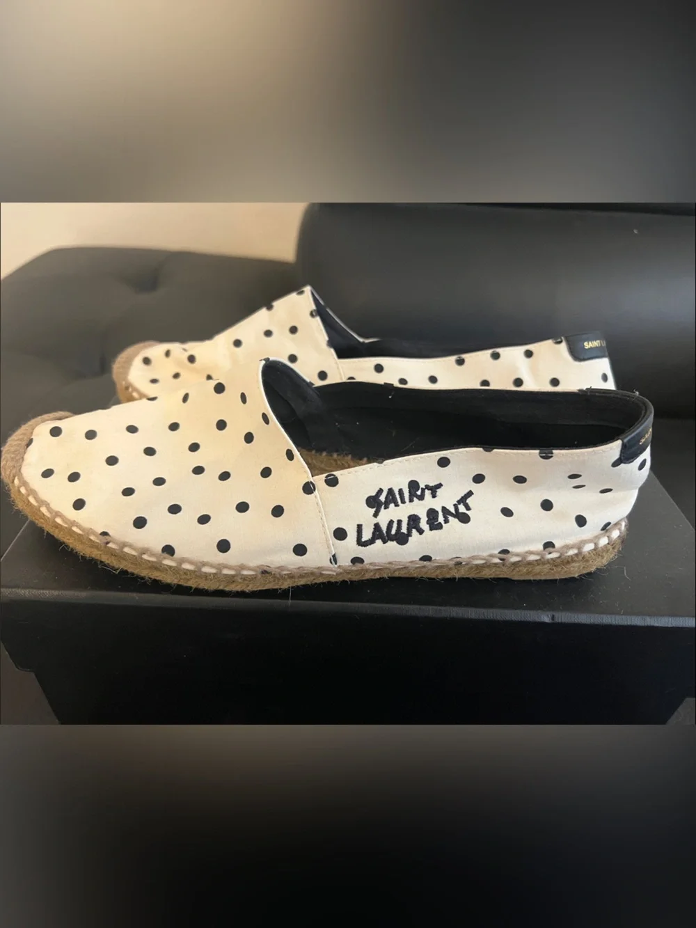Saint Laurent Cream Espadrille Slip-On with Black Polka Dots